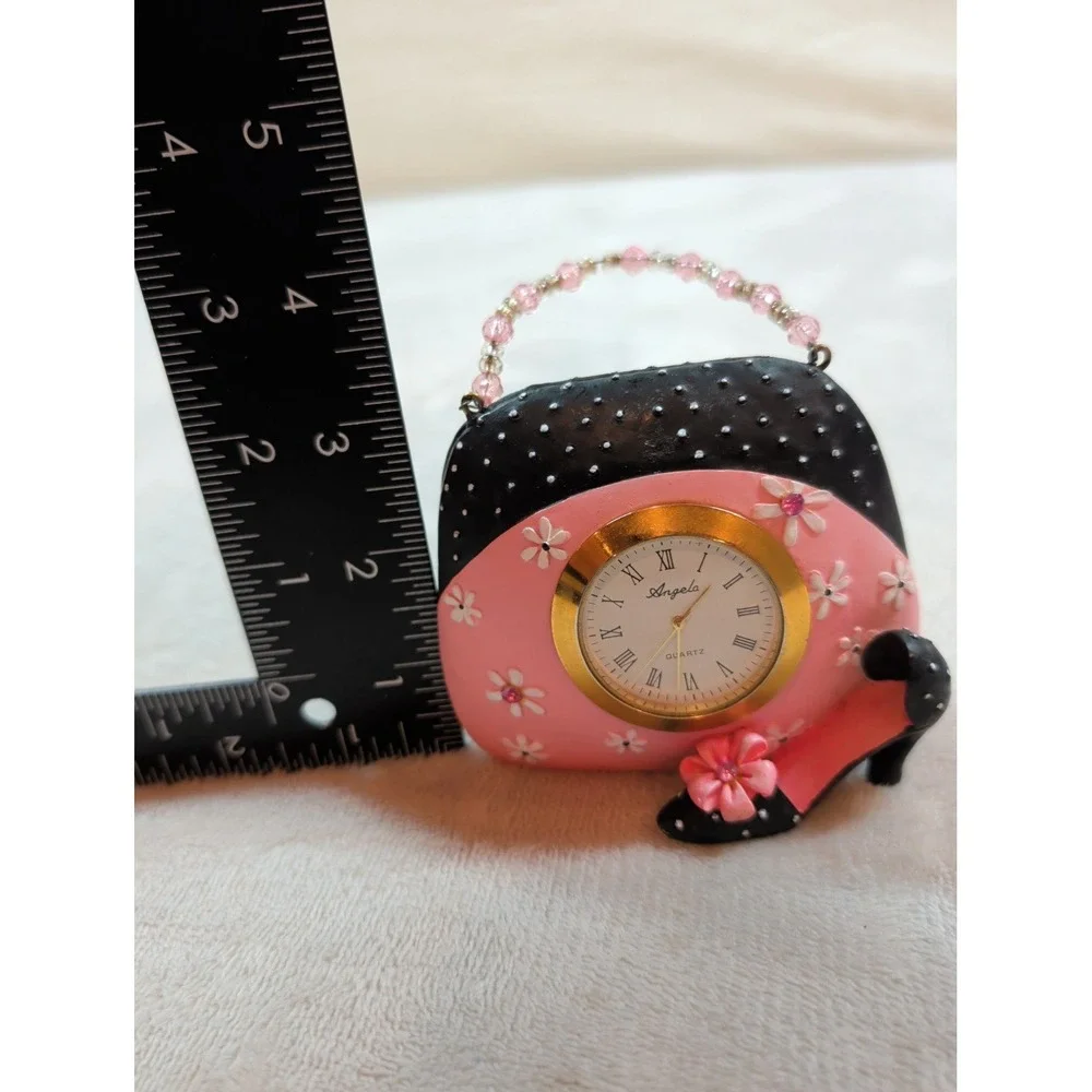 Angela Purse Desk Clock Pink Black‎ Floral Beaded Handle High Heel Quartz Resin